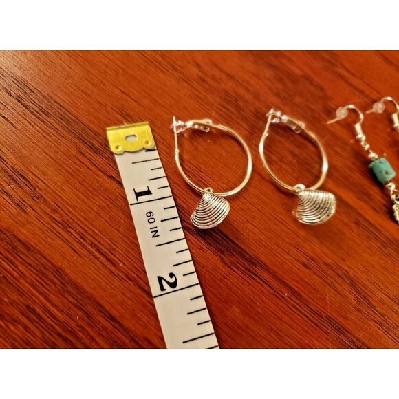 Natural Turquoise Earrings Etched Sea Shell Beach Hoop Dangle Drop 2 Pair Set - Picture 5 of 6